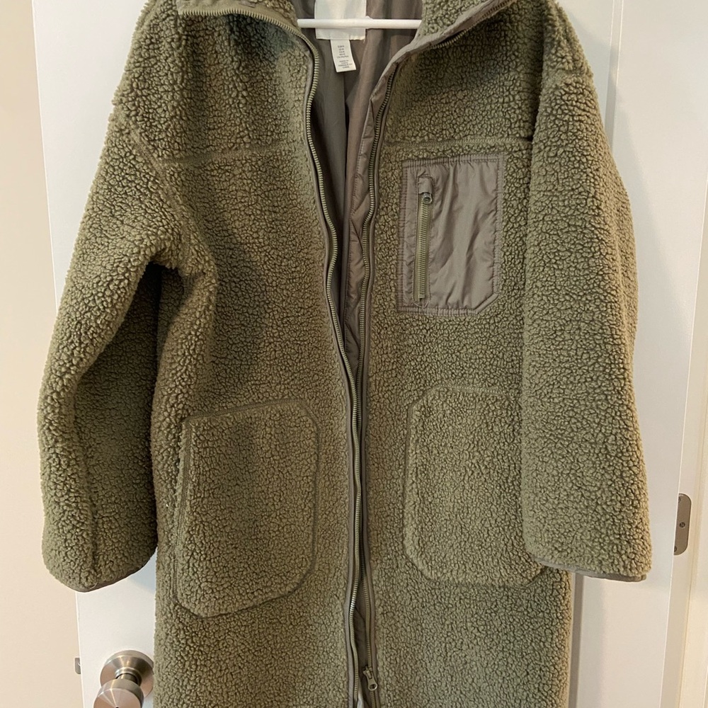 H&M Teddy Sherpa Olive Green Fleece Coat size M Womens